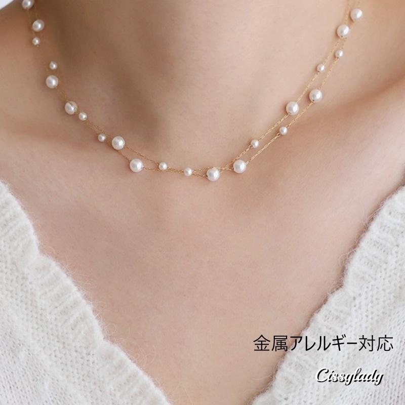 CICI ステンレス　2連　ステーションパール　ネックレス　K18 金属アレルギー対応　つけっぱなし